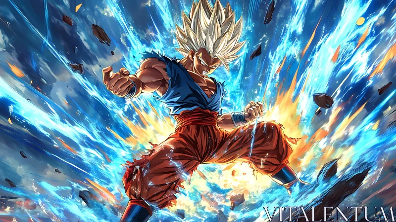 Blazing warrior erupts in sky-splitting electric powerstorm.