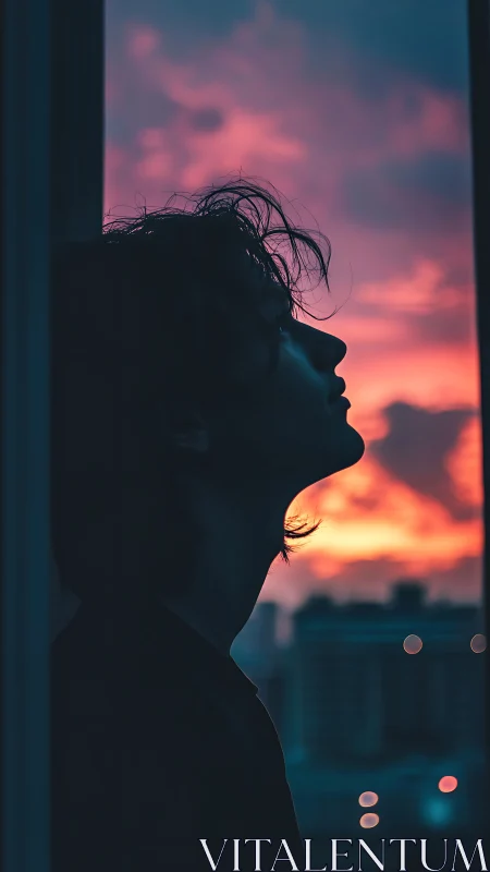 Silhouetted person in profile stands against vivid city sunset