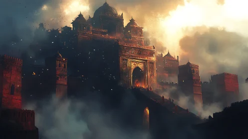 Burning imperial fortress rises through smoke and firestorm.