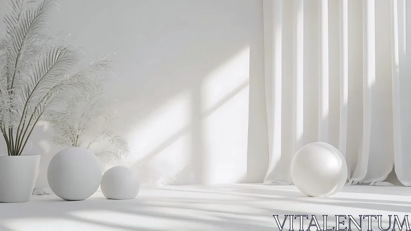 Soft white spheres rest peacefully in a sunlit minimal room