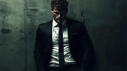 Gritty suited man leans against stained concrete wall.