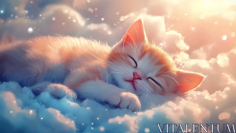 Luminous Feline Resting on Cumulus Cloud Formations with Soft Volumetric Atmospheric Rendering