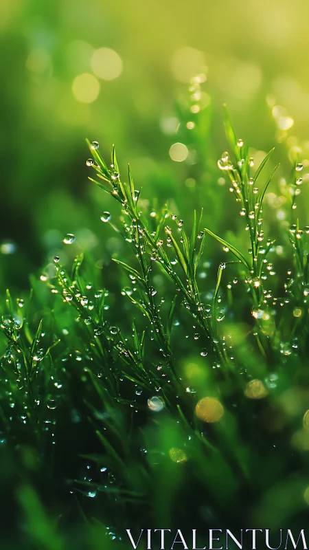 Macro optical study of dewy grass blades in diffuse bokeh field.