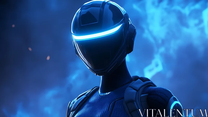 Futuristic armored figure with glowing blue visor stands.