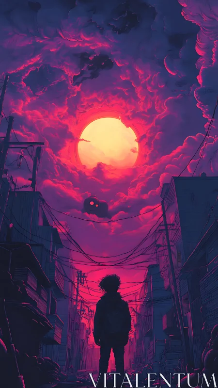 Backlit silhouette observes neon magenta cloud vortex around sun