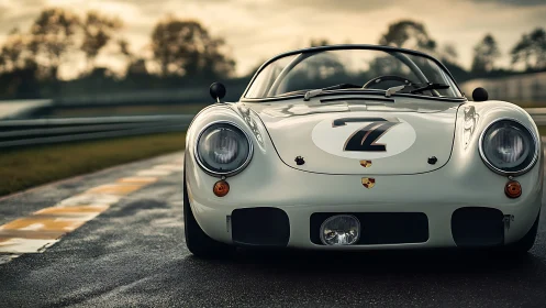 Vintage race car waits on wet track under moody skies.