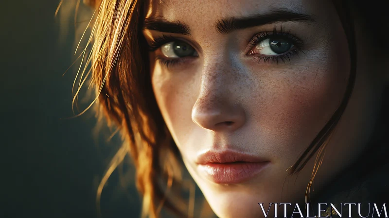 Intense freckled portrait gazes into warm cinematic light