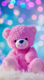 Bubblegum teddy bear glows beneath dreamy bokeh lights.