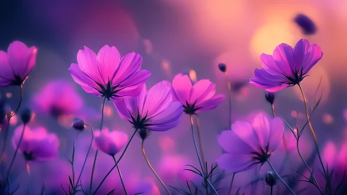 Magenta cosmos flowers blooming in ethereal twilight gradient