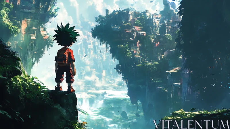 Young explorer overlooks verdant floating canyon metropolis.