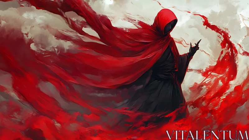 Hooded dark figure manipulating crimson energy in swirling storm