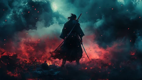 Solitary sword-bearing figure amid dense smoke and fire.