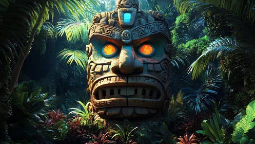 Stone jungle idol with glowing eyes in dense foliage.