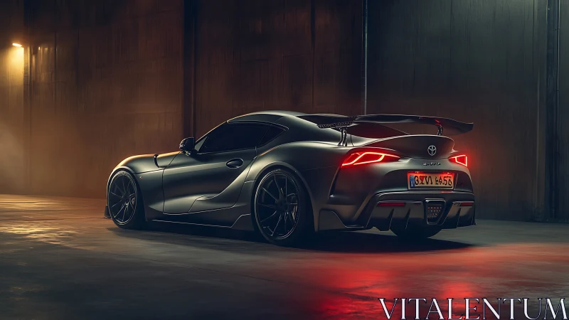 Matte black Toyota Supra GR rear three-quarter in moody garage