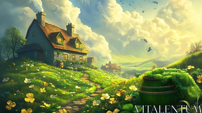 Luminous cottage landscape with clover meadow under volumetric clouds