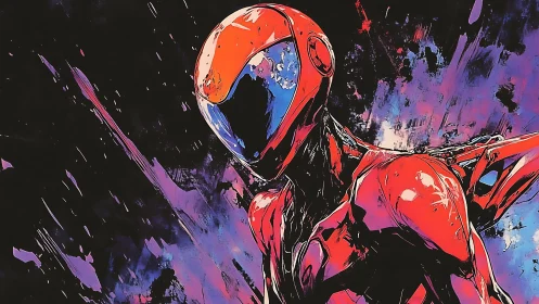 Red armored humanoid figure in abstract cosmic environment.
