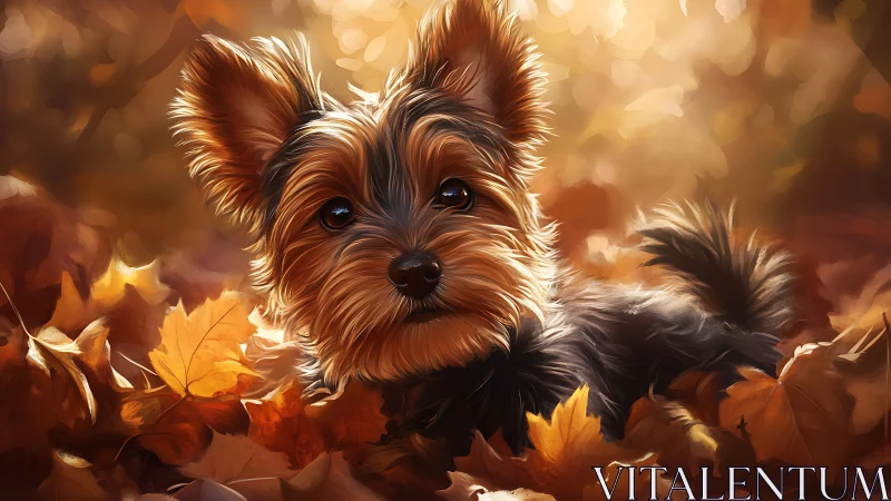 Small terrier-type dog amid autumn foliage in soft light.