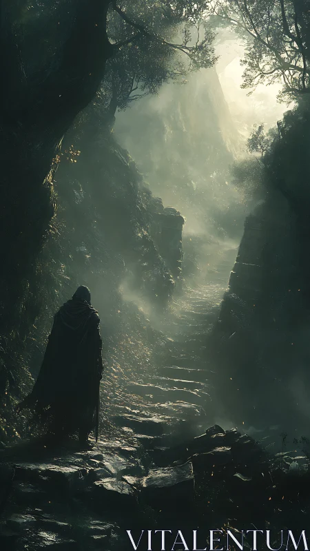 Cloaked wanderer ascends mist-laden stone path in dense ravine