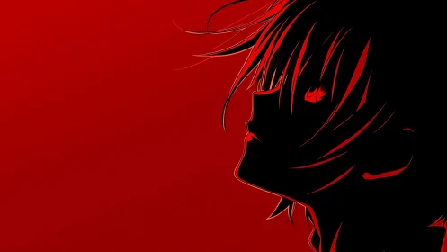 Red-lit anime silhouette gazes upward in stark profile.