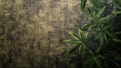 Green cannabis leaves against rustic textured fabric wall.