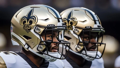 Side-profile closeup of two gold fleur-de-lis football helmets