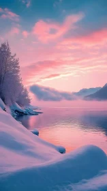 Snow covered lakeshore beneath pink and blue winter sky.