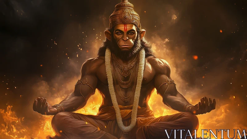 Divine simian warrior in fiery meditation, golden-lit aura.