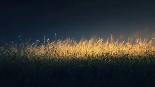 Backlit grass blades in low light transitional landscape scene.