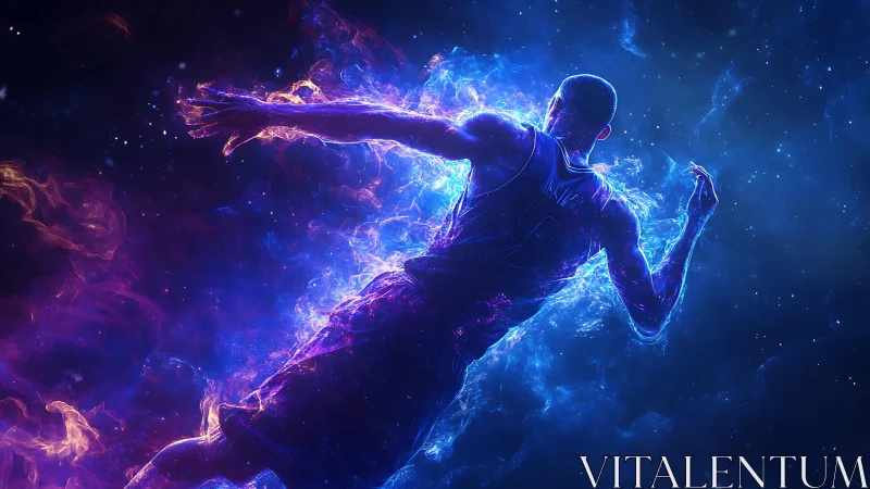 Electric basketball player leaps through cosmic nebula light