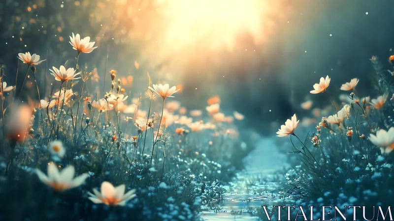Daisies in field with golden light and stream.