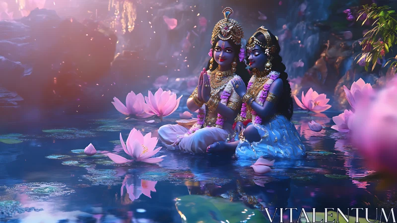 Divine couple in luminous lotus pond at twilight reverie.