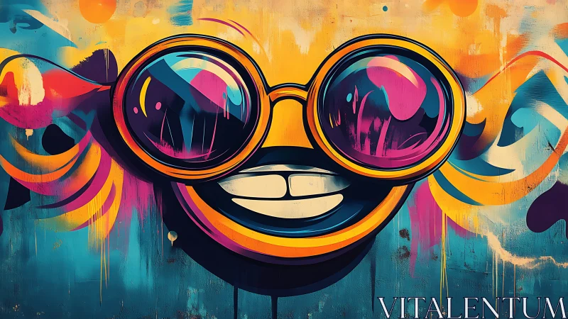 Neon sunglasses grin splashes graffiti joy across the wall