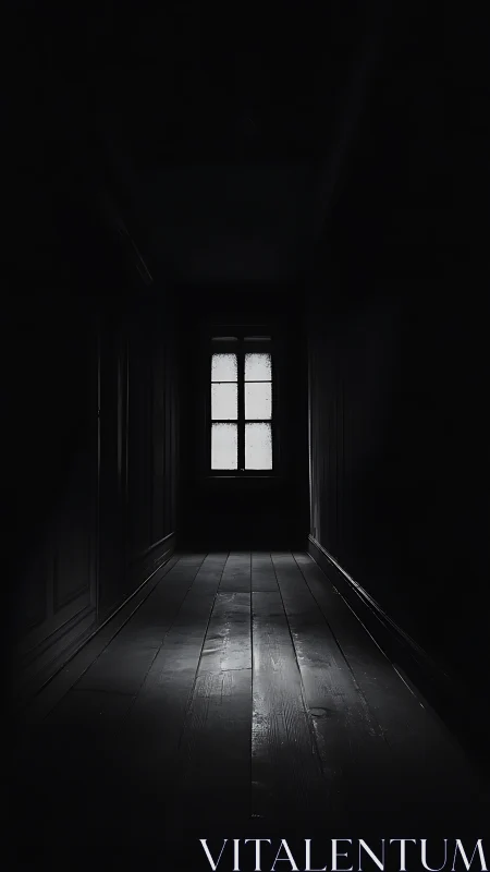 Dark wooden corridor ends in single backlit window