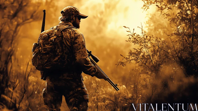 Amber dusk hunter pausing in a quiet, smoke-soft forest glow.