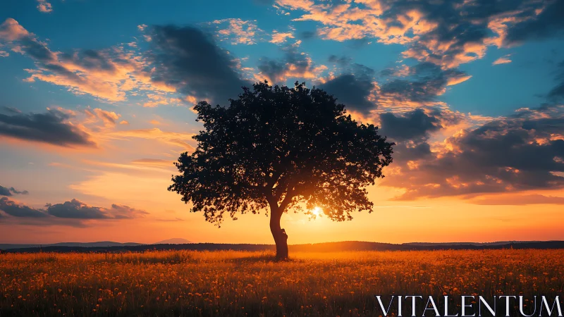 Sunset-drenched lovers linger beneath a solitary story-tree
