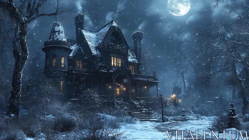 Snow-covered gothic mansion under moonlit winter sky.