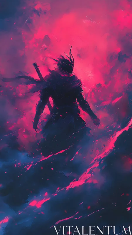 Silhouetted swordsman in neon magenta and deep blue haze.