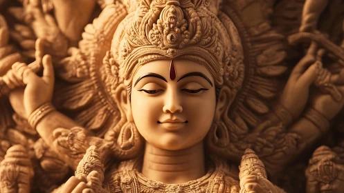 Photorealistic carved deity portrait with ornate relief detail.