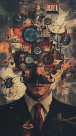 Surreal suited man with mechanical abstract exploding mind