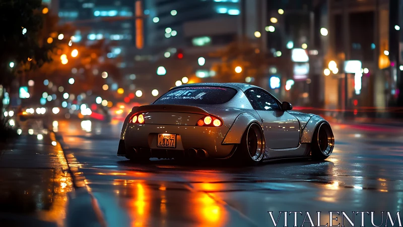 Modified sports coupe on neon-lit rainy downtown streetscape.