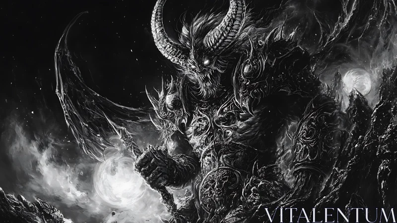 Midnight horned titan guarding a stormlit abyss.