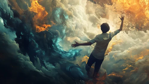 Dreamer Reaching Into Swirling Clouds of Light and Shadow.