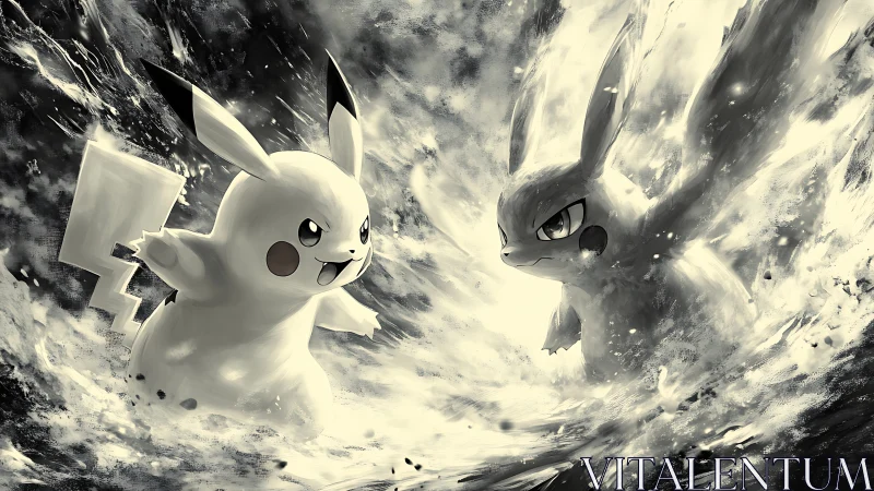 Storm-charged Pikachu duel in swirling monochrome energy.