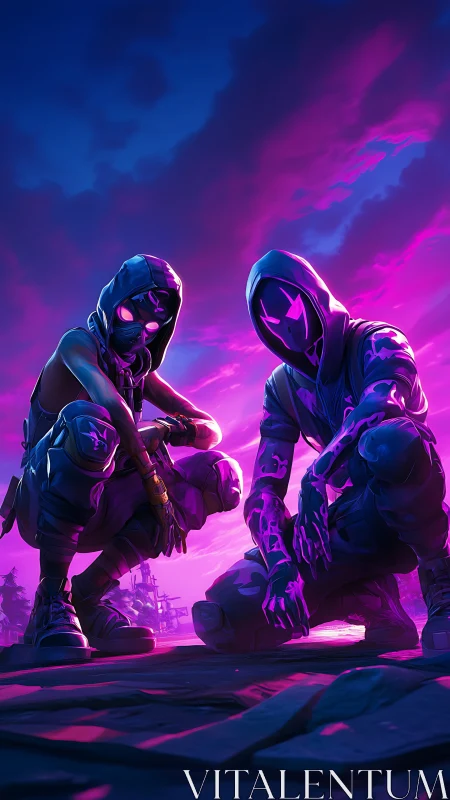 Neon dusk rogues crouch beneath an ultraviolet storm sky.