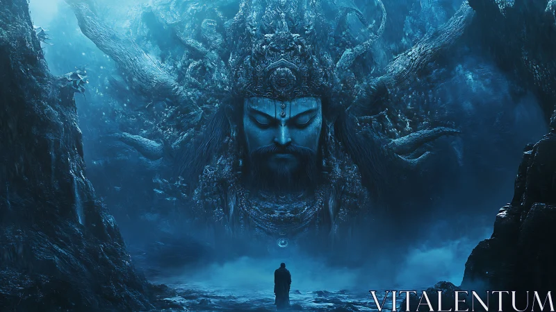 Monolithic oceanic deity face emerging from abyssal mist.