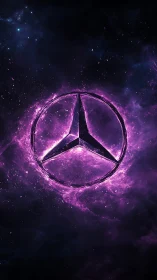 Mercedes logo in glowing purple cosmic nebula background.