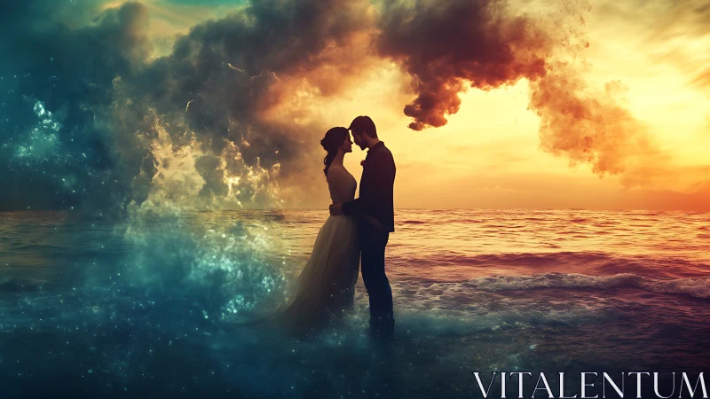Couple embracing in ocean waves at dramatic sunset