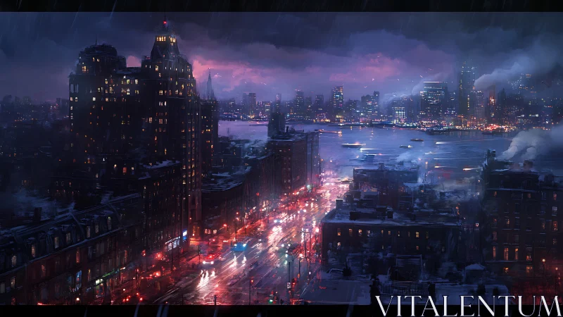 Urban waterfront skyline with rainy night traffic flows.