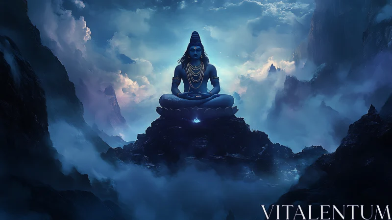 Divine blue deity seated in meditative stillness amid storm clouds