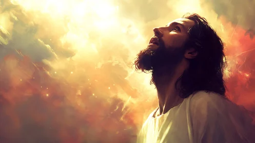 Side profile of bearded man against luminous clouded sky.